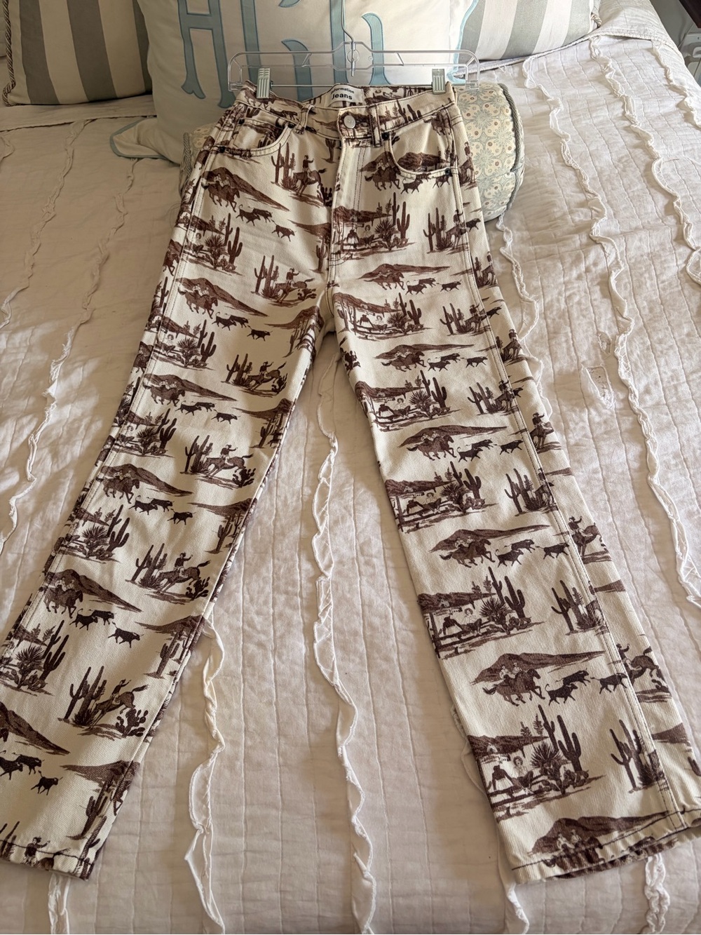 Reformation Cream Chinos with Brown Western Print